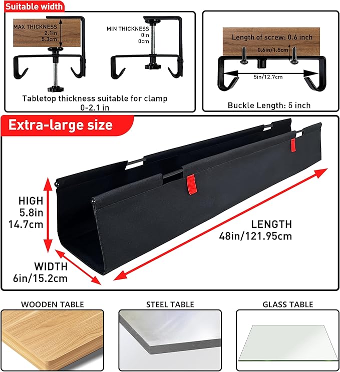 Under Desk Cable Management No Drill – 48" L x 6" W Cord Organizer, Upgraded Silicone Pads (No Scratch), 16 Cable Slots, Washable PE Honeycomb Base, Fits Desks 0–2.1" Thick, Black
