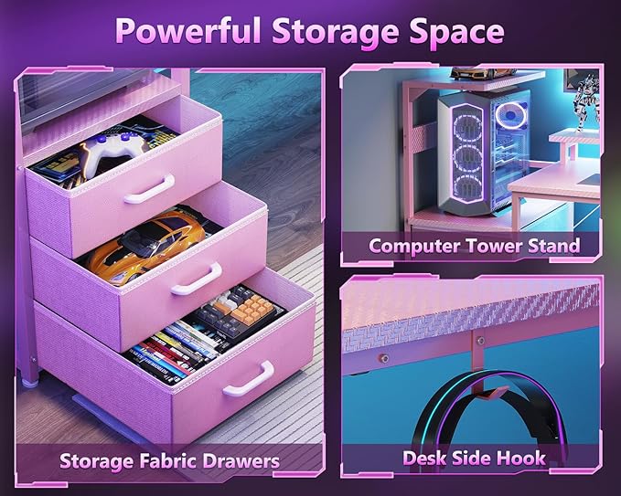 AODK 52 Inch Gaming Desk with USB Charging Ports & LED Light- Reversible Computer Desk with Storage Shelves & Monitor Stand, Modern Gamer Desk Table with Fabric Drawers, Pink