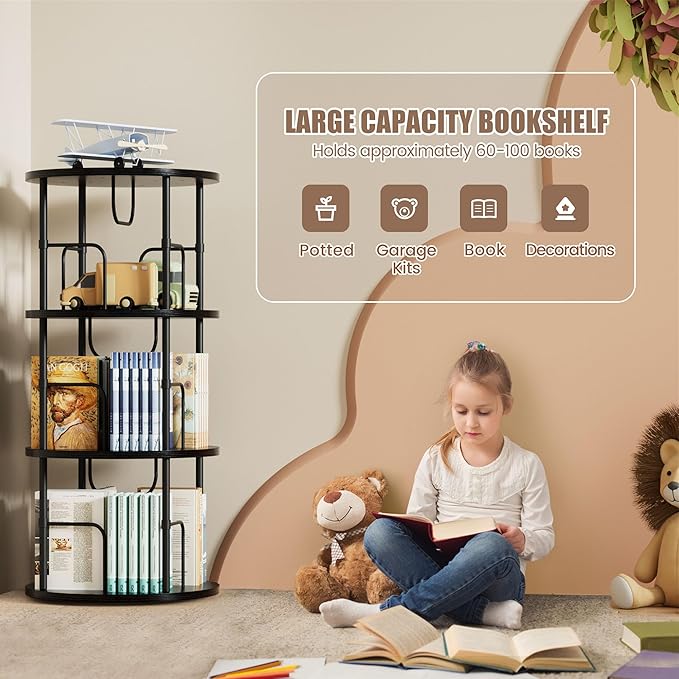 Flycity 3 Tier Rotating Bookshelf, 360° Corner Bookshelf Tower, Round Revolving Bookcase with Special Visible Partition Storage, Narrow Book Shelf Organizer for Living Room, Small Space, Black