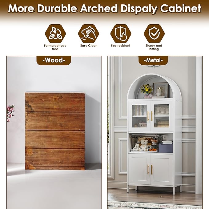 VEXPOR 73" Tall Arched Kitchen Pantry Cabinet with Doors, Metal Arched Hutch Cabinet for Kitchen, Dining Room, Living Room, Assembly Required, White