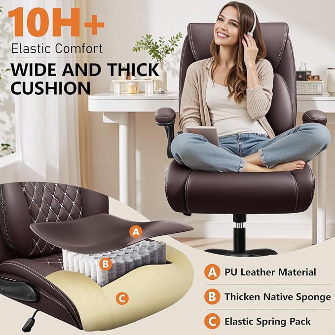 BESTFAIR Office Chair, Executive Computer Desk Chair with Lumbar Support for Lower Back Pain Relief, Ergonomic Leather Home Chair Comfy with Padded Flip-up Arms and Adjustable Armrests, Coffee