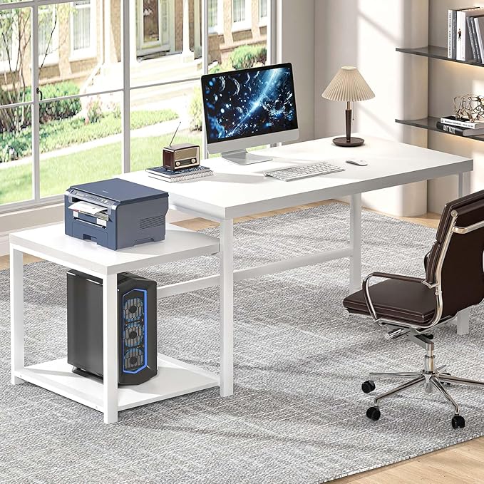 FOLUBAN Large White Computer Desk, Home Office Desk with Printer Space & PC Tower Stand, Modern Study Writing Table Workstation for Living Room Bedroom, 63 Inch