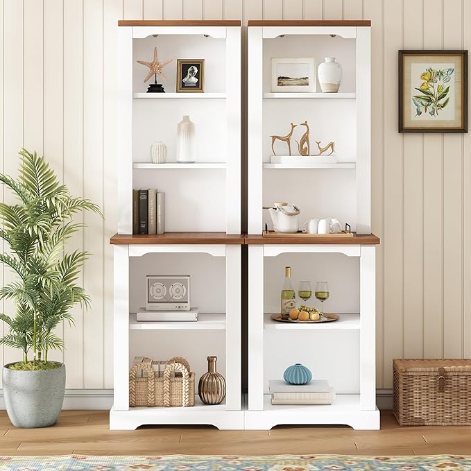 ON-Trend Two-Piece Elegant Freestanding Tall Cabinet with Fully Open Storage, Walnut Element Bookshelves with Curved Design, Stylish Display Bookcase with Anti-Tip Device for Living Room, White Refi