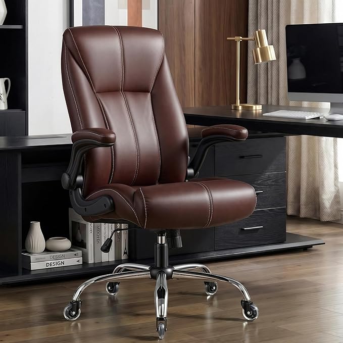 Big and Tall Office Chair for Heavy People, 500LBS High Back Extra Wide Executive PU Leather Office Chair with Flip-Up Armrests, Quiet Rubber Wheels, Comfortable Home Office Desk Chair(Brown)