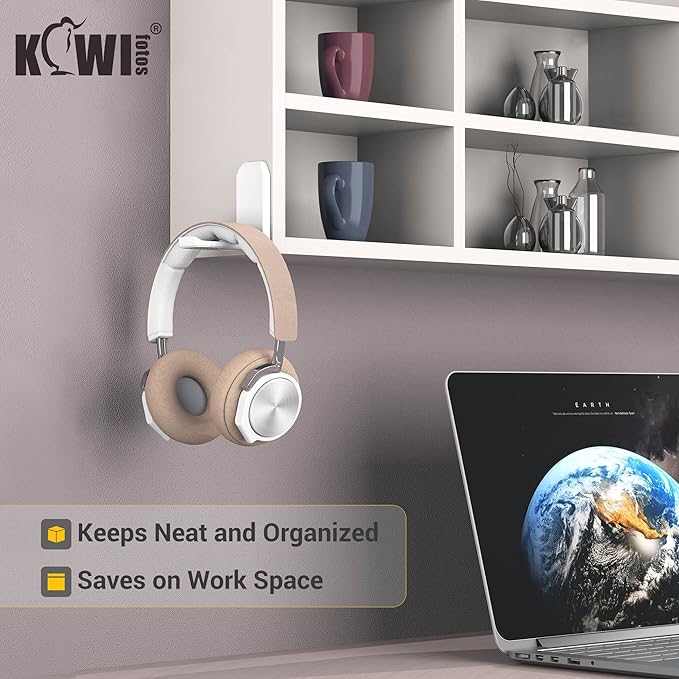 KIWIFOTOS 2 Pack Adhesive Desk Headphone Hanger, PC Gaming Headset Holder Stand, Adhesive Holder Mount for Wall, Foldable Headphones Hook Mount Under Desk - White,Two Pack