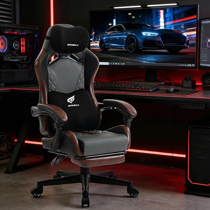 Ergonomic Gaming Chair for Adults with Footrest - PU Leather Computer Gamer Chair with Memory Foam Headrest & Lumbar Pillow, Reclining Silla Gamer Video Game Chair for Home Office, Black & Grey