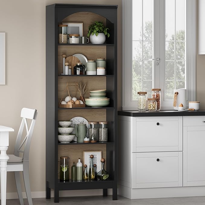 Arched Bookshelf with 5 Tier Open Shelves, 71" Tall Wood Bookcase with Adjustable Shelves, 24" Wide Floor Standing Display Storage Shelf for Home Office, Kitchen, Study and Living Room, Modern Black