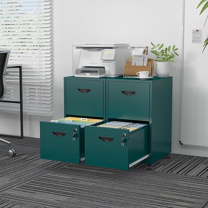 SteeLoong 2 Drawer File Cabinet with Lock,Green Rolling File Cabinet for Home Office,Printer Stand, Metal Small Mobile Filing Cabinets on Wheels for Hanging Letter