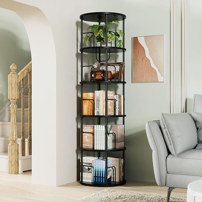 Flycity 5 Tier Rotating Bookshelf, 360° Corner Bookshelf Tower, Round Revolving Bookcase with Special Visible Partition Storage, Narrow Book Shelf Organizer for Living Room, Small Space, Black
