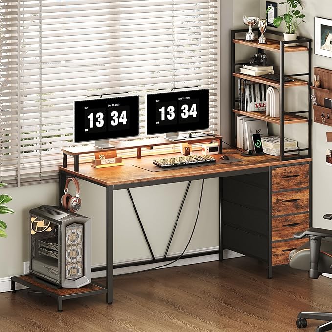 RALGEND 43.3 Inch Computer Desk with 4 Fabric Drawers, Gaming Desk with Storage, Shelves & Power Outlet, Industrial Gaming Desk with Hutch, LED Lights and Monitor Stand, for Home Office, Rustic Brown