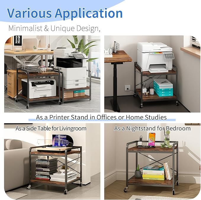 METYERRY Under Desk Printer Stand with Power Outlet,2 Tier Large Printer Table with Adjustable Shelf,Rolling Printer Cart with Industrial Wheels for Home Office,20"×20" Rustic Brown