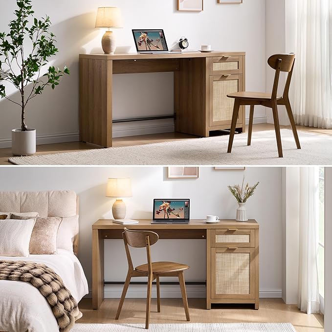 SICOTAS Rattan Home Office Desk, 2 Pieces Farmhouse Boho Executive Desk with Storage Cabinets and Drawers, Larger Writing Desk for Office, Study, Living Room, Oak