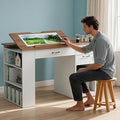 Crafting Table with Storage Cabinet & Drawers, Adjustable Drafting Table with Open Shelves, Drawing Computer Desk, Painting Desk, Workstation for Home Office Reading, Writing, Craftin