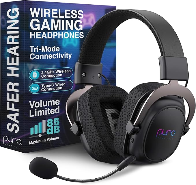 Puro Sound Labs Wireless Gaming Headset - Easy to Pair with 2.4GHz USB, Volume-Limited, Tri-Mode Connectivity, Detachable Mic, 32-Hour Battery, Wireless Headphones with mic for PC- PuroGamer-BT, Black