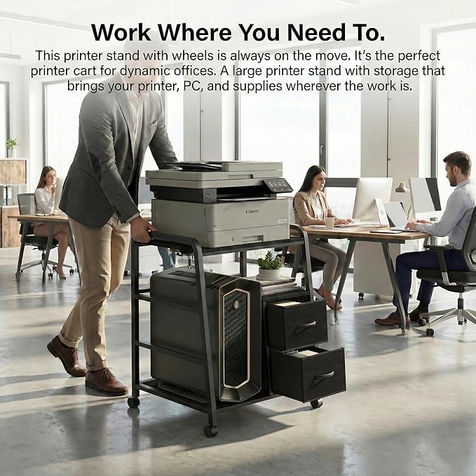 Printer Stand Featuring Fabric Drawers, Under Desk Host Computer Cabinet and Shredder Shelf, Heavy Duty Printer Stand with Storage Workstation Organization Printer Table for Home Office
