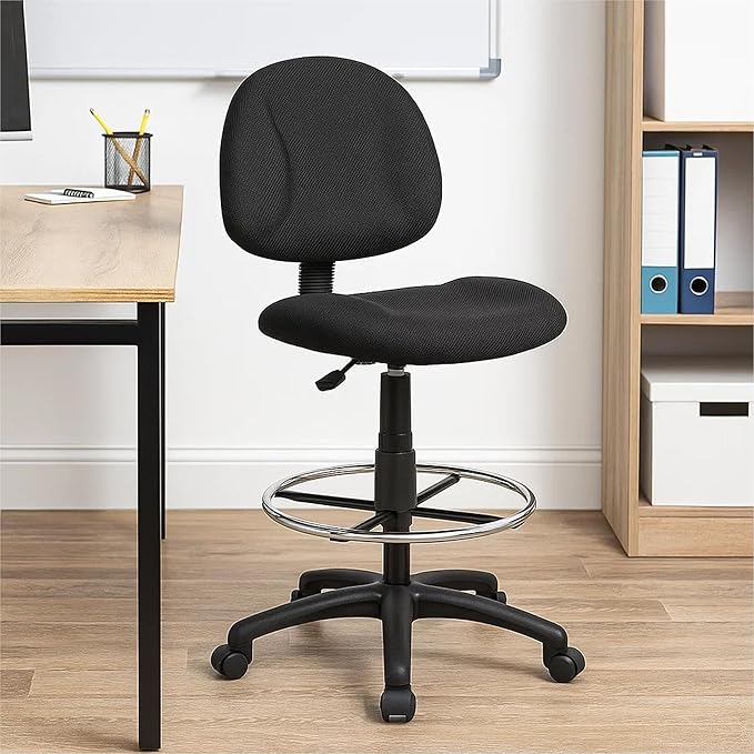 Benzara Jea Drafting Stool Chair, Black Tweed, Contoured Back and Footring