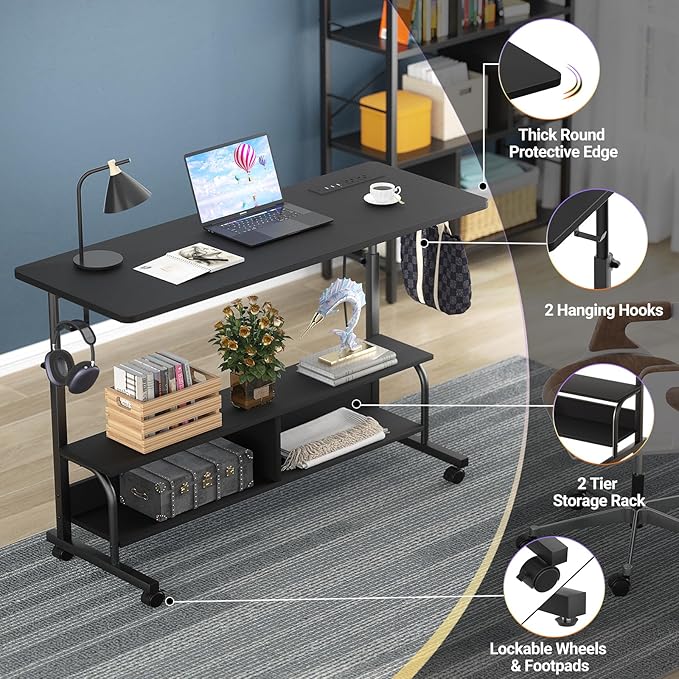 Armocity Rolling Standing Desk with Power Outlets, 47" Manual Height Adjustable Mobile Computer Desk with Wheels, Portable Sit Stand Laptop Couch Table for Bed & Sofa Home Office, Black