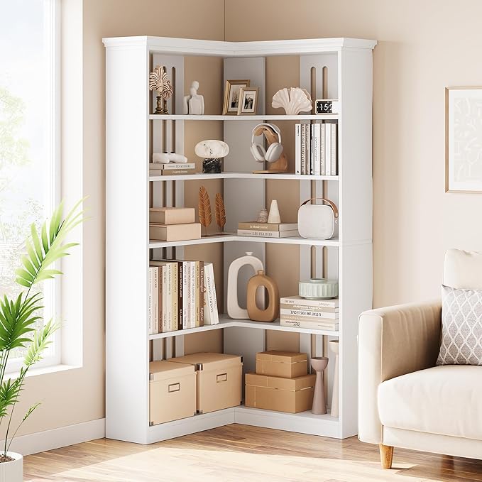 IDEALHOUSE Corner Bookshelf 72.8in Farmhouse Bookcase Large Bookshelves Wood Bookcase Tall 5 Tier Corner Shelf L Shaped Bookshelf Storage Display Rack Living Room Bedroom (White, Half Panel)