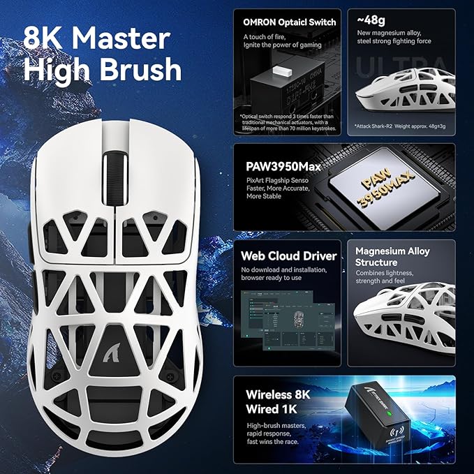 ZIYOU LANG x Attack Shark R2 Wireless Gaming Mouse, Superlight Magnesium Alloy, PAW3950 42000 DPI Optical Sensor, 8000Hz Polling Rate, 2.4G/BT/Wired Programmable Mice for Win Mac Gamer (White)