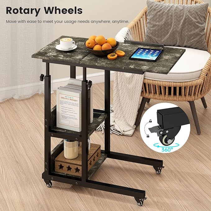 Hadulcet Adjustable C Table with Charging Station, Tiltable Desk C Shaped End Table for Couch, Over Bed Table with Wheels Adjustable Height, Laptop Stand Drawing Desk, Marble Grey