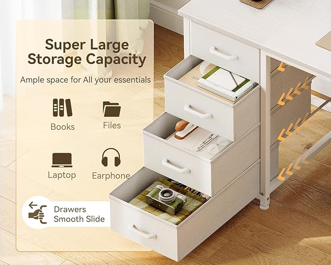 Casaottima 48 Inches Vanity Desk with 8 Fabric Drawers, Modern Office Desk with Large Storage for Home Office, Study, White