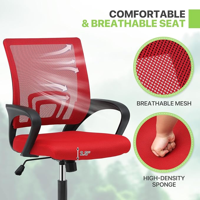 Magshion Office Chair Pack of 2, Ergonomic Mid-Back Mesh Desk Chair, Rolling Computer Chair with Lumbar Support & Comfy Armrests for for Gaming, Work, Study, 300 Lbs Capacity, Red