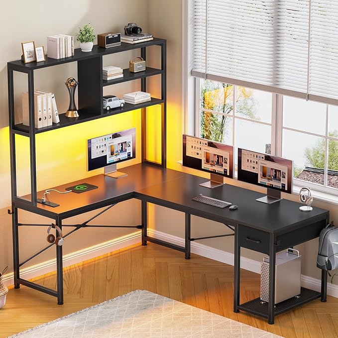 SEDETA L Shaped Gaming Desk, 51.2" Reversible Small Corner Desk with Drawer, Power Outlet & LED Lights, Computer Desk with Storage Shelves for Small Space, Black