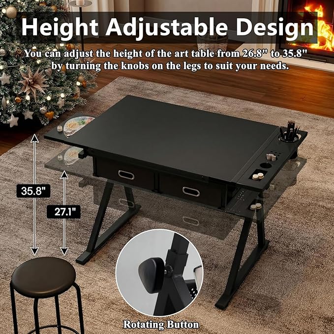 Drafting Table, Height Adjustable Drawing Table Art Table with Stool, 0-75° Tilted Tabletop Artist Desk Painting Table with Storage for Home Office School, Type 4-Black