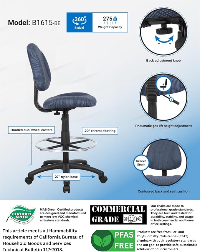 BOWERY HILL Rolling Drafting Stool, Blue Tweed Fabric Upholstery, Contoured Seat and Back, Adjustable Height 26.5-31.5 in, Chrome Foot Ring, 250 lb Capacity, Dual Wheel Casters, Home or Office Use