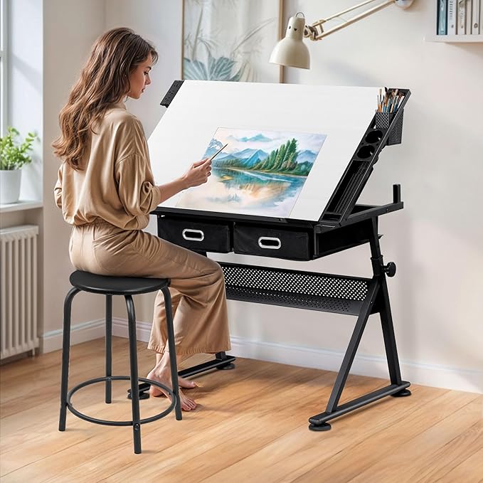 ZENY Adjustable Drafting Table with Stool, Tilting Drawing Desk Artist Table with Storage Drawers, Art Craft Workstation for Home Office Reading, Writing, Crafting (White-with Outlet)