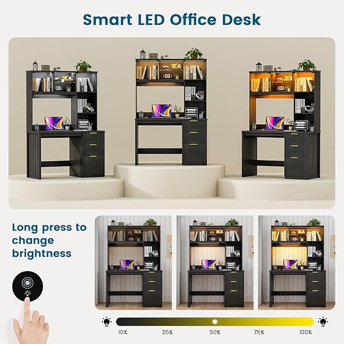 WOOVIVS Standing Desk with LED Light for Office Room, Smart Computer Desk with Hutch and Drawer for Game Room,Modern Study Table with 2AC Port Charging Station/Lamp/for Bedroom (Black)