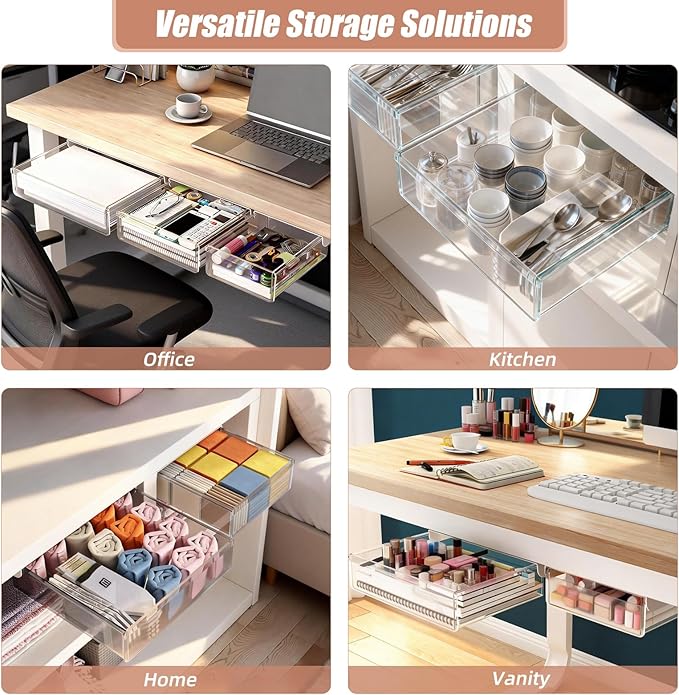 TooCust 3 Pack Under Desk Drawer Slide Out Storage Organizer, Clear White 3 Sizes (S/M/L), Dual-Mount Hidden Table Tray for Tablets, Planners & Office Supplies