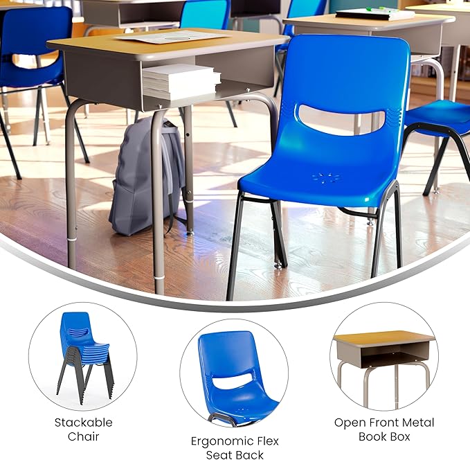 EMMA + OLIVER Jacobs Desk/Stackable Ergonomic Chair Set, Flex Comfort Seat Back, Adjusting Desk Legs, Metal Open Front Storage Box, Maple Desktop/Navy Chair