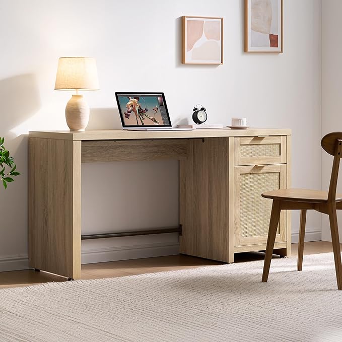 SICOTAS Rattan Home Office Desk, 2 Pieces 59" Boho Executive Desk with Storage Cabinets and Drawers, Larger Computer Laptop Vanity Desk for Office, Study, Living Room, Light Oak