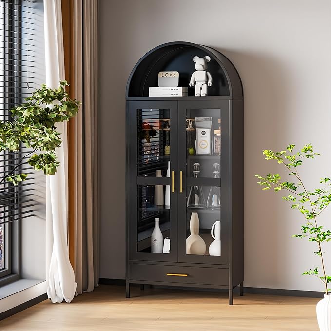 VEXPOR 73" Tall Arched Display Cabinet with Glass Doors, Metal Arched Curio Cabinet with Drawer for Living Room, Home Office, Assembly Required, Black