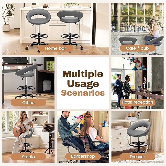 BESTFAIR Drafting Chair with Back, Height Adjustable Rolling Stool with Foot Rest, Tall 360° Swivel Stool PU Leather Chair with Wheels for Home Office, Standing Desk, Gray 2 Pack