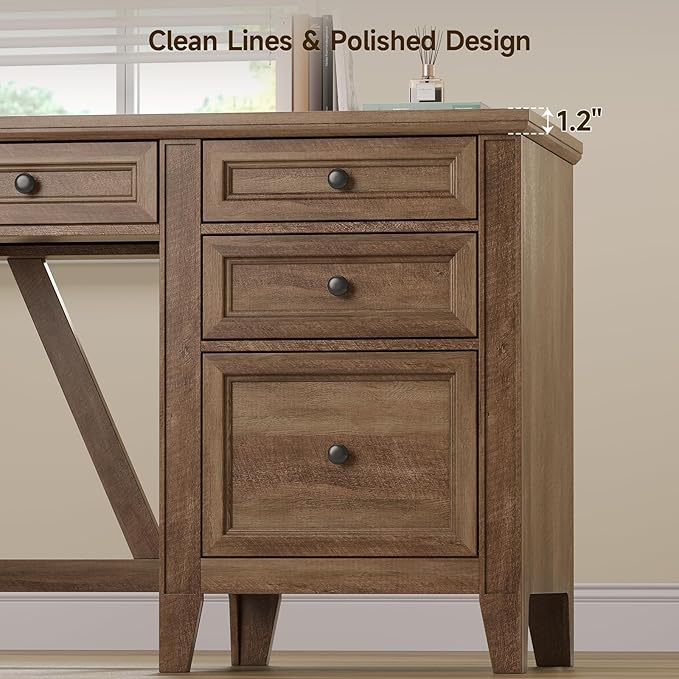 ONBRILL 54 Inch Farmhouse Executive Desk, Computer Desk with Drawers, Home Office Desk with Charging Station, for Working Studying Writing, Brown