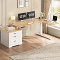 SEDETA Farmhouse L Shaped Electric Standing Desk, 70.9" x 39.4" Height Adjustable Office Executive Desk with 3 Drawers, Standing Computer Desks with Power Outlet for Home Office, Oak