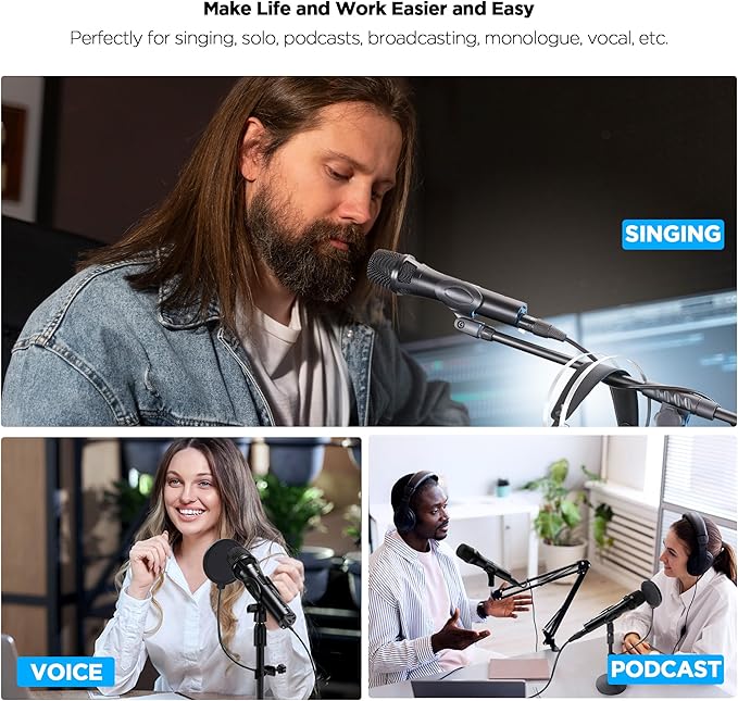 Xlr Usb Dynamic Microphone for Singing Recording, Metal Dynamic Studio Singing Recording Microphone with Mic Gain, Desktop Stand, Pop Filter, Headphone Jack, for PC, Audio Interface, Mixer, Mac