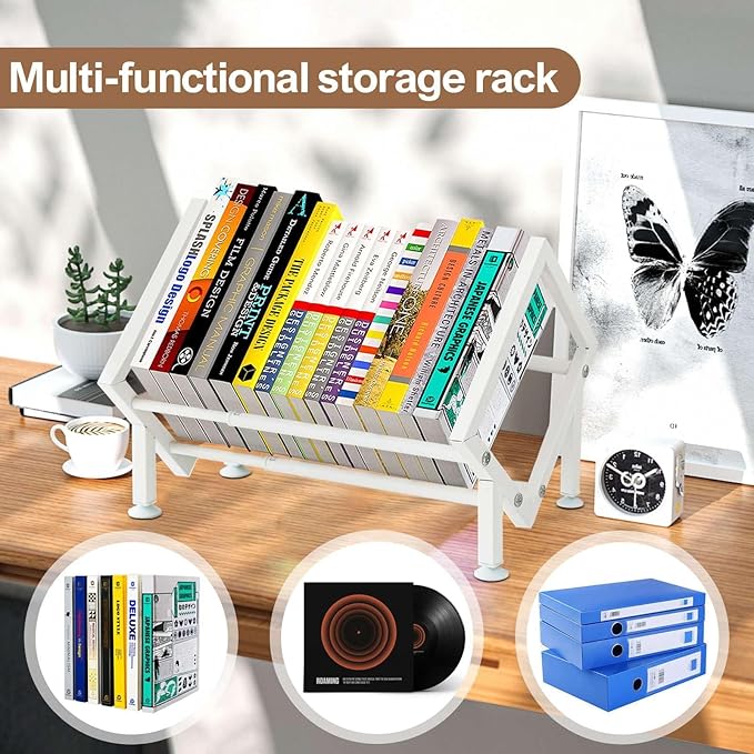 ENCIMART Tabletop Bookshelf Organizer, Adjustable Desk Shelf for Top of Desk in Living Room, Home, Office, Stainless Steel Tilting Bookcase Desktop Storage Book Rack for Magazine/CDs/Books Display