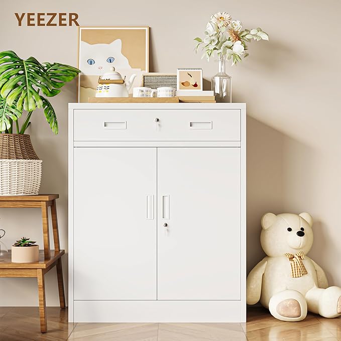 Metal Storage Cabinet with 1 Drawer, 36" H Locking Storage Cabinet, Metal Cabinets with Doors and Shelves for Home, School, Office, Garage, White