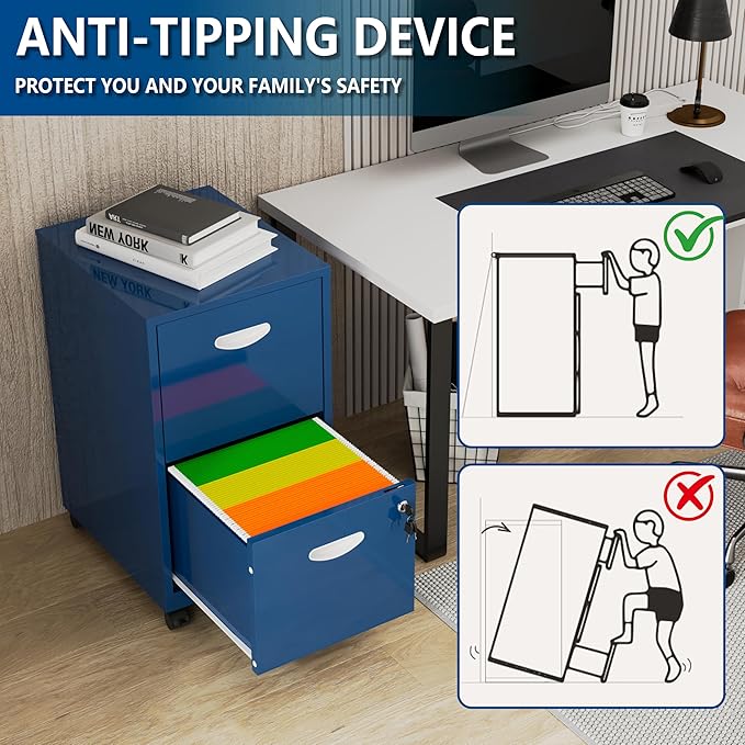 Polup 2 Drawer File Cabinet with Lock, Small Rolling Filing Cabinet for Home Office, Metal Mobile File Cabinets on Wheels, Blue Office Cabinets for Letter Size Folders - Assembly Required