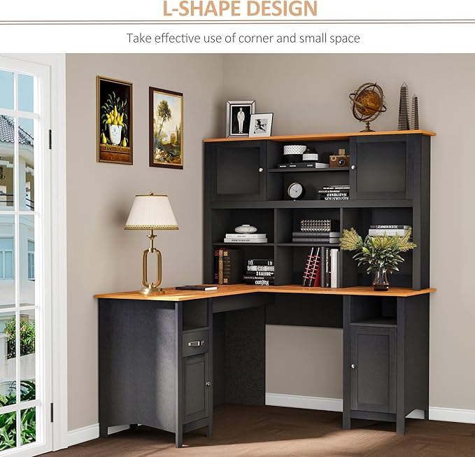 HOMCOM L Shaped Computer Desk with Hutch, 59" Corner Desk, Space Saving Home Office Desk with Storage Shelves, Drawer and Cabinet, Black