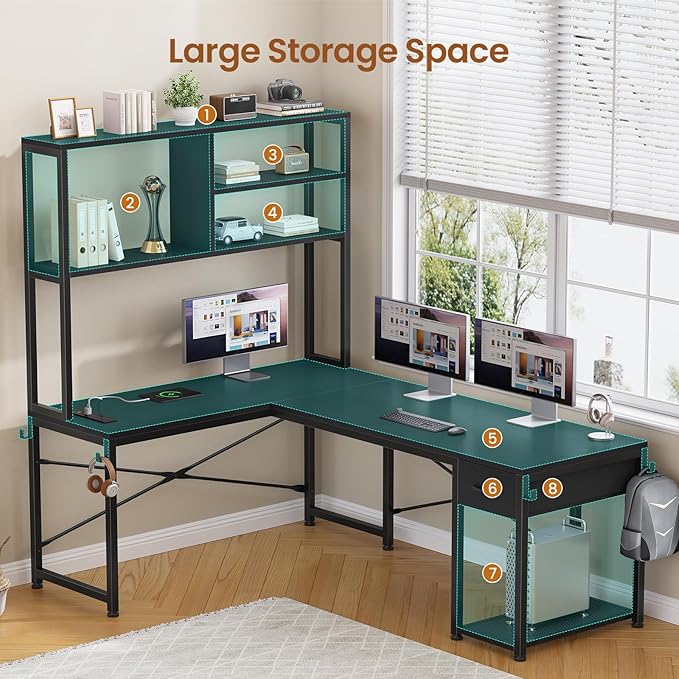 SEDETA L Shaped Gaming Desk, 51.2" Reversible Small Corner Desk with Drawer, Power Outlet & LED Lights, Computer Desk with Storage Shelves for Small Space, Black