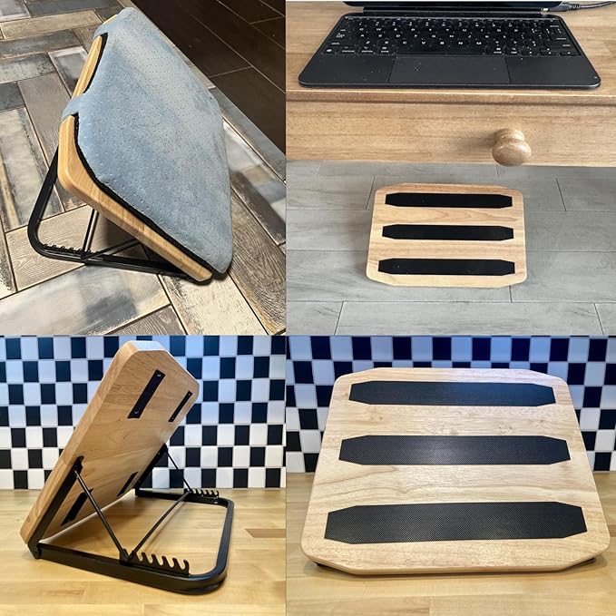 Foot Rest for Under Desk at Work-Adjustable Ergonomic Under Desk Foot Rest- 7 Adjustable Angles Wood Desk Footrest, Under Desk Foot Rest for Office Leg Rest - Natural-with Blue Cushions