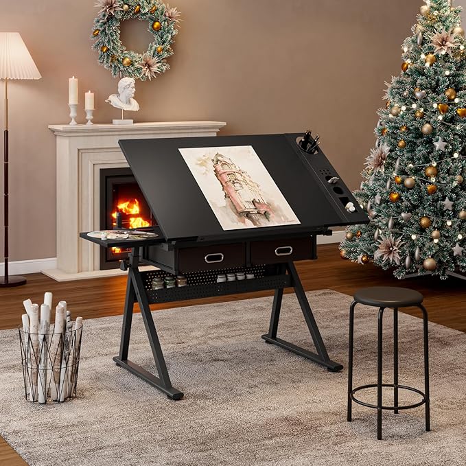 Adjustable Drafting Table Set with Stool, Drawing Desk Artist Table with Storage Drawers, Tiltable Tabletop Art Table Multifunctional Craft Workstation for Home Office