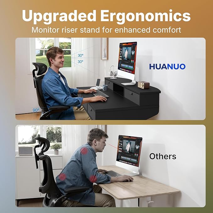 HUANUO 40 x 24 inch Electric Standing Desk with 4 Drawers, Adjustable Height Sit Stand Home Office Desk, C-Clamp Mount Compatible, Ergonomic Stand up Desk with 4 Preset Heights, Black