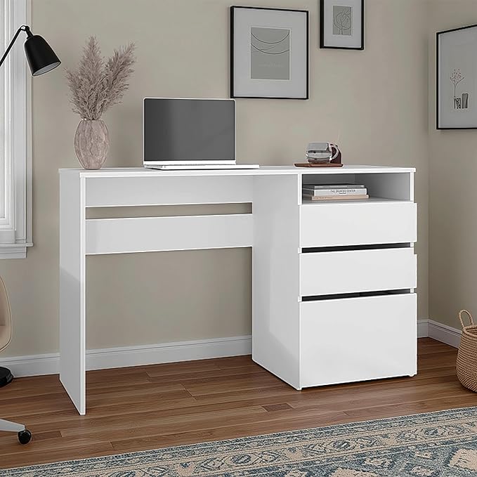 White 3-Drawer Writing Computer Desk Clean and contemporary computer desk design enhances modern workspaces while maintaining a neat and clutter-free environment Two deep drawers provide organized s