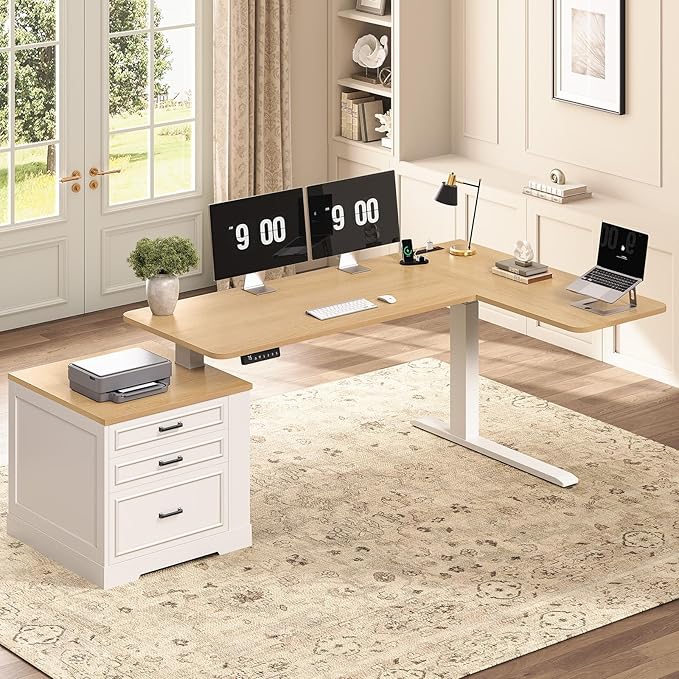 SEDETA Farmhouse L Shaped Electric Standing Desk, 70.9" x 39.4" Height Adjustable Office Executive Desk with 3 Drawers, Standing Computer Desks with Power Outlet for Home Office, Oak