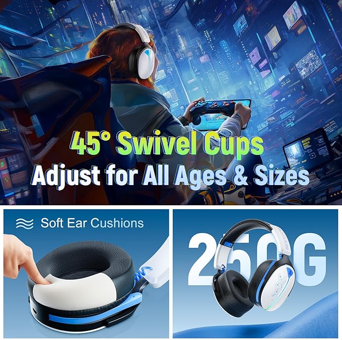 Ultra-Light Universal 3-in-1 Wireless Headset for PS5/PS4/PC/Switch/Xbox, 2.4G+BT5.3+Wired, <25ms Lag-Free, Breathable Pads, 7.1 Surround for FPS, NC Mic, 40H Play -White Blue